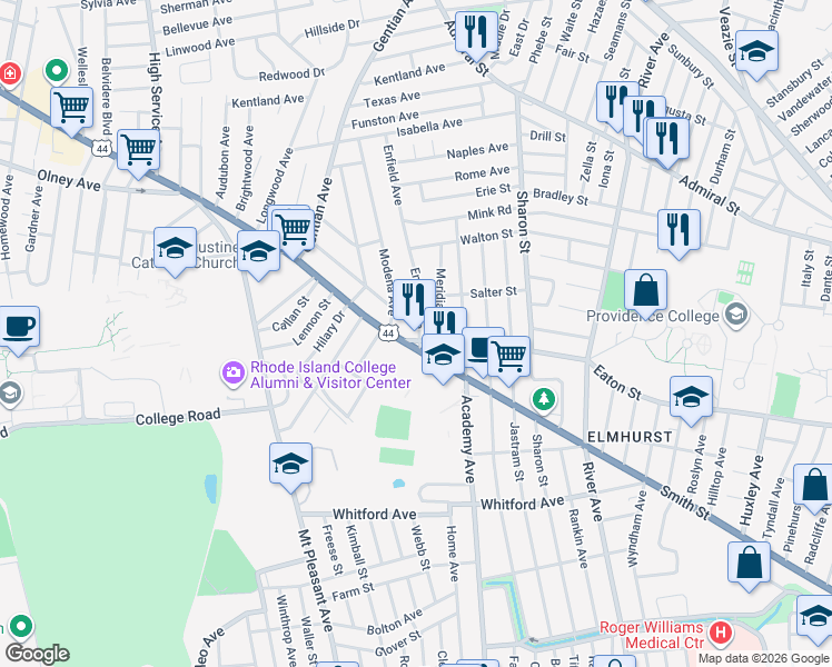map of restaurants, bars, coffee shops, grocery stores, and more near 32 Meridian Street in Providence