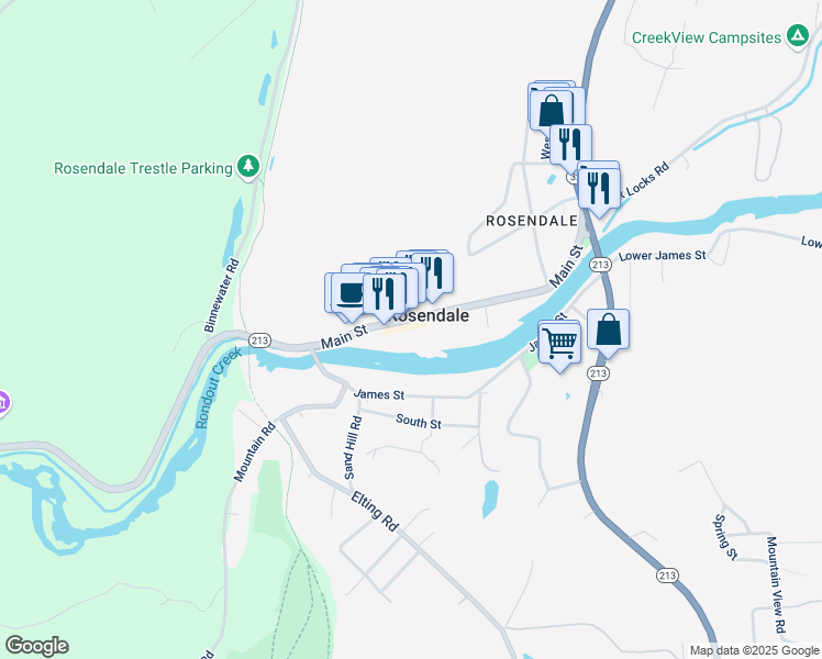 map of restaurants, bars, coffee shops, grocery stores, and more near 401 Main Street in Kingston