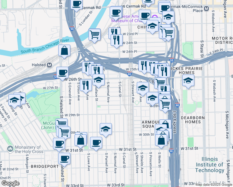 map of restaurants, bars, coffee shops, grocery stores, and more near 460 West 28th Street in Chicago