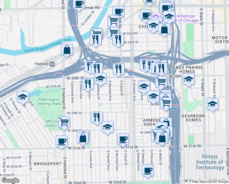 map of restaurants, bars, coffee shops, grocery stores, and more near 460 West 28th Street in Chicago