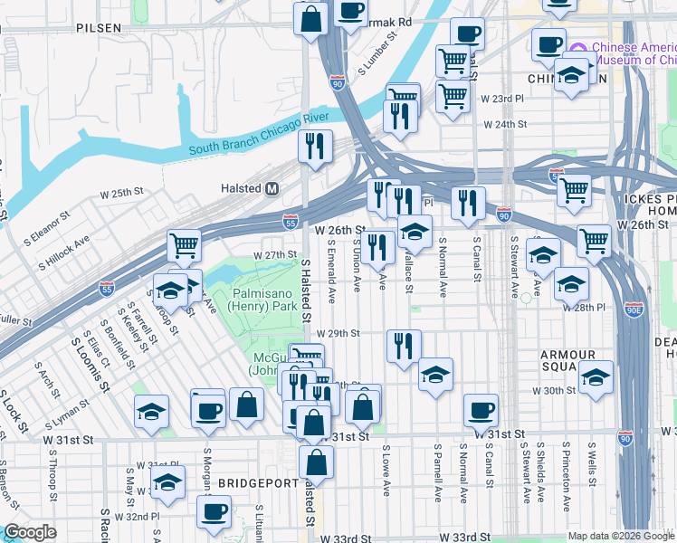 map of restaurants, bars, coffee shops, grocery stores, and more near 2713 South Emerald Avenue in Chicago