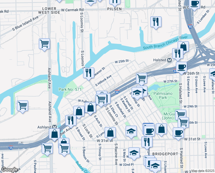 map of restaurants, bars, coffee shops, grocery stores, and more near 2727 South Crowell Street in Chicago