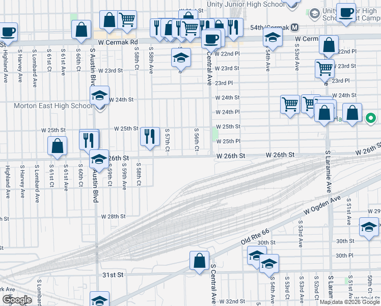 map of restaurants, bars, coffee shops, grocery stores, and more near 5628 West 26th Street in Cicero