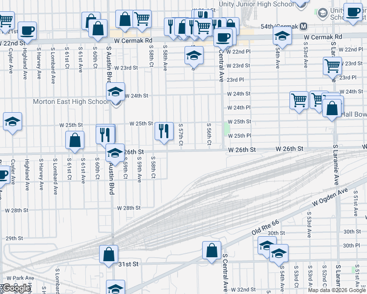 map of restaurants, bars, coffee shops, grocery stores, and more near 2535 South 57th Avenue in Cicero