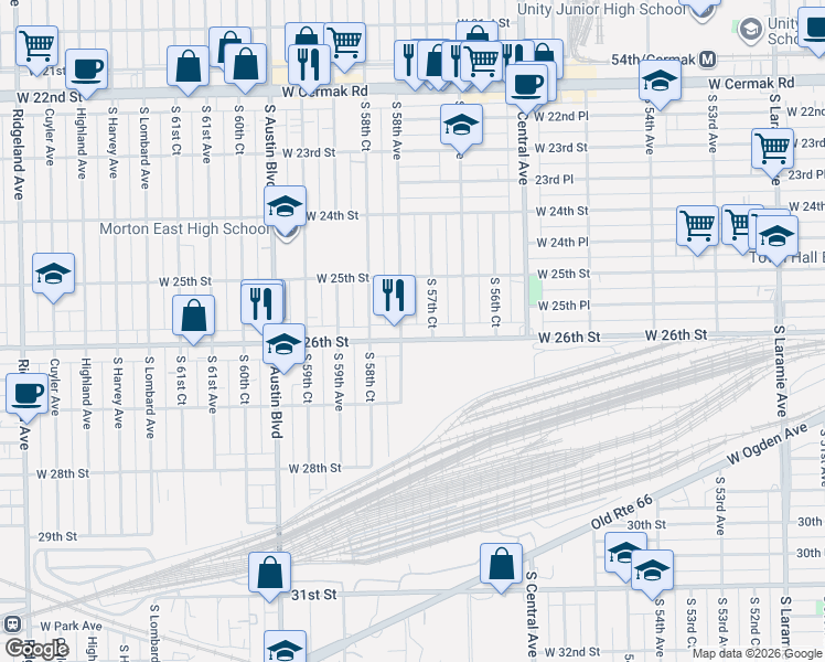 map of restaurants, bars, coffee shops, grocery stores, and more near 5734 West 26th Street in Cicero