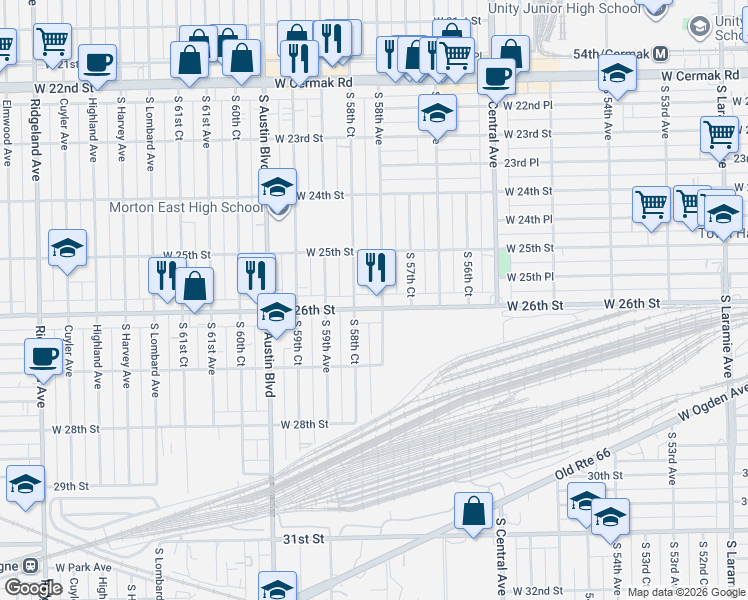 map of restaurants, bars, coffee shops, grocery stores, and more near 5818 West 26th Street in Cicero