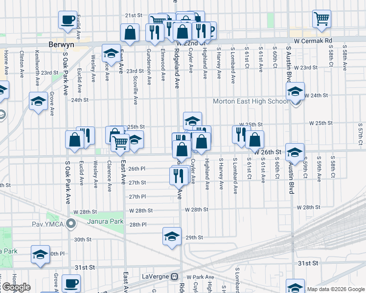 map of restaurants, bars, coffee shops, grocery stores, and more near 2531 Ridgeland Avenue in Berwyn
