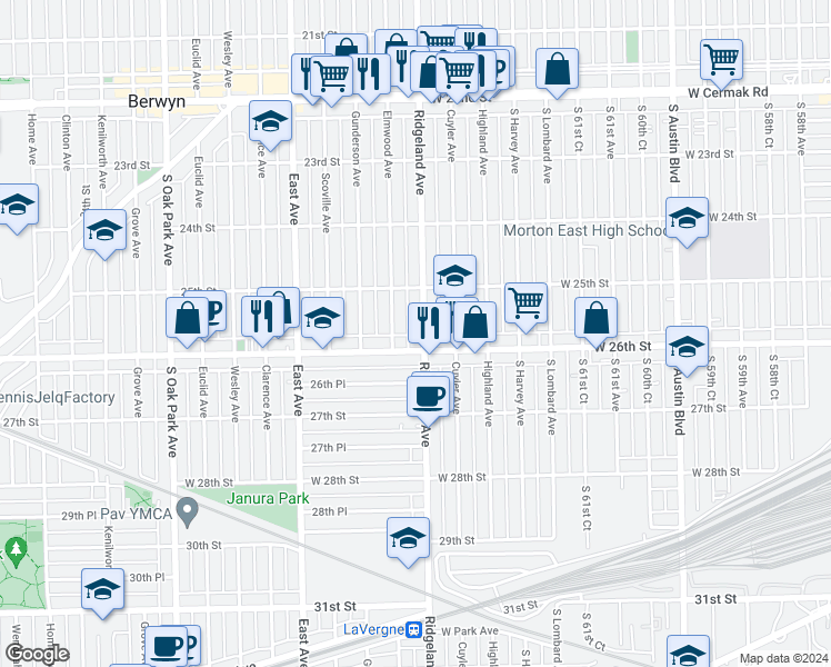 map of restaurants, bars, coffee shops, grocery stores, and more near 2531 Ridgeland Avenue in Berwyn