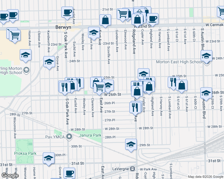 map of restaurants, bars, coffee shops, grocery stores, and more near 2534 Gunderson Avenue in Berwyn