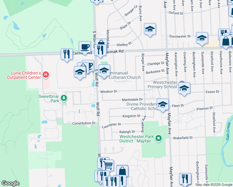 map of restaurants, bars, coffee shops, grocery stores, and more near 11049 Windsor Drive in Westchester
