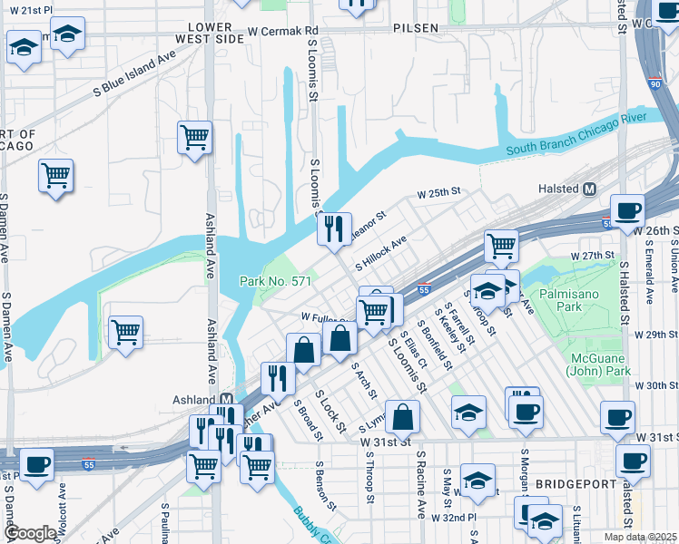 map of restaurants, bars, coffee shops, grocery stores, and more near 2804 South Hillock Avenue in Chicago