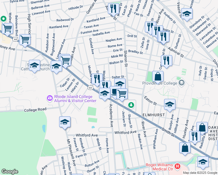 map of restaurants, bars, coffee shops, grocery stores, and more near 697 Academy Avenue in Providence