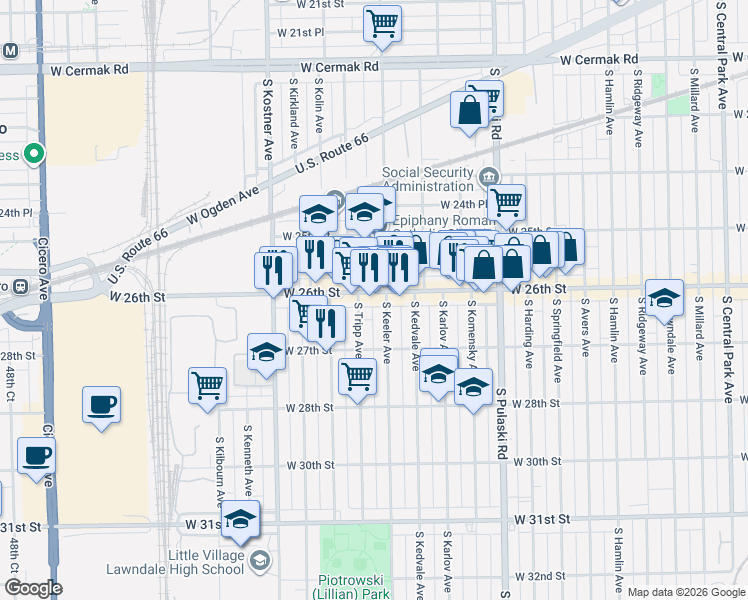 map of restaurants, bars, coffee shops, grocery stores, and more near 4211 West 26th Street in Chicago