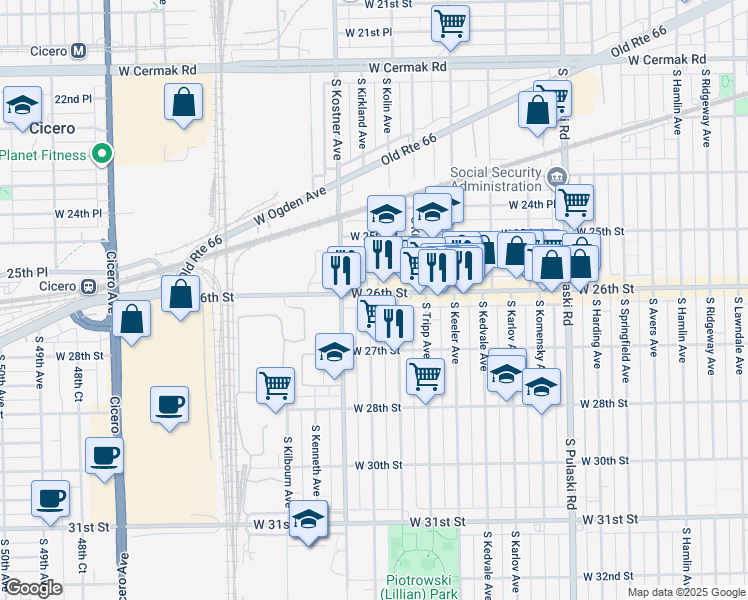 map of restaurants, bars, coffee shops, grocery stores, and more near 4345 West 26th Street in Chicago