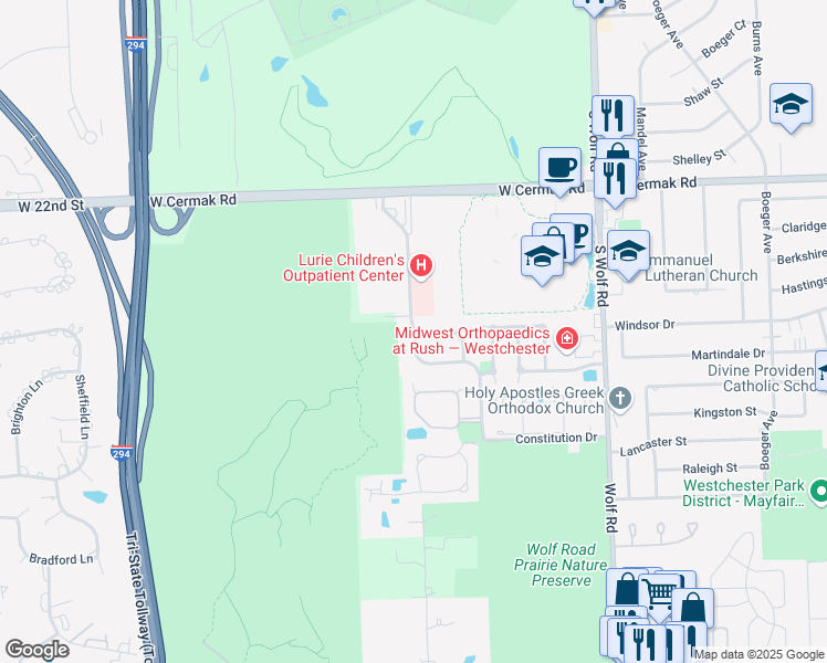 map of restaurants, bars, coffee shops, grocery stores, and more near 2315 Enterprise Drive in Westchester