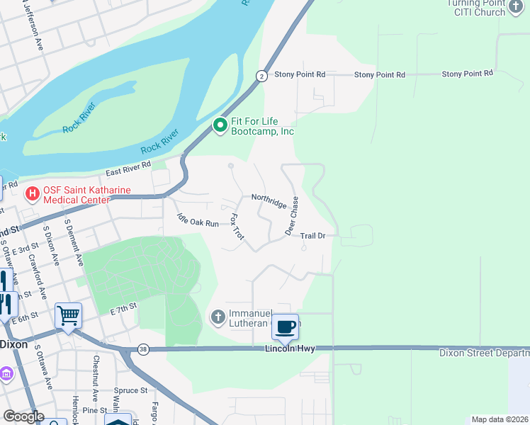 map of restaurants, bars, coffee shops, grocery stores, and more near 1216 Northridge in Dixon