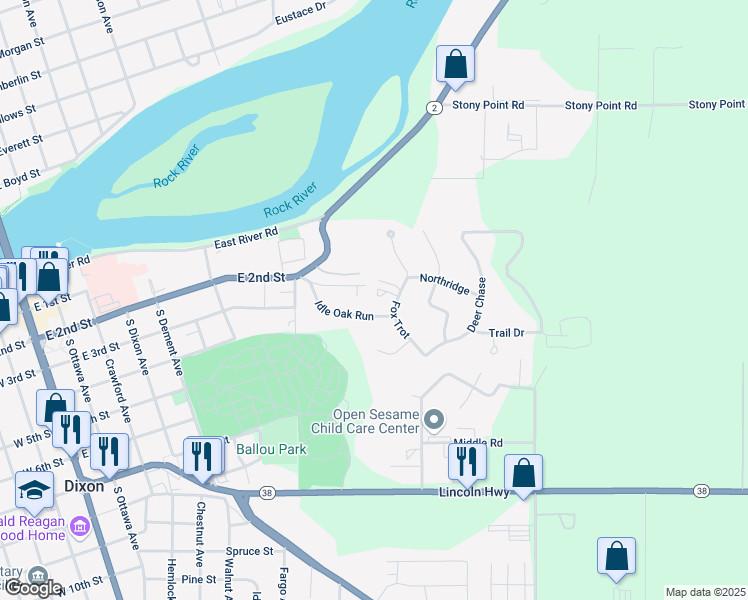 map of restaurants, bars, coffee shops, grocery stores, and more near 1065 Idle Oak Run in Dixon