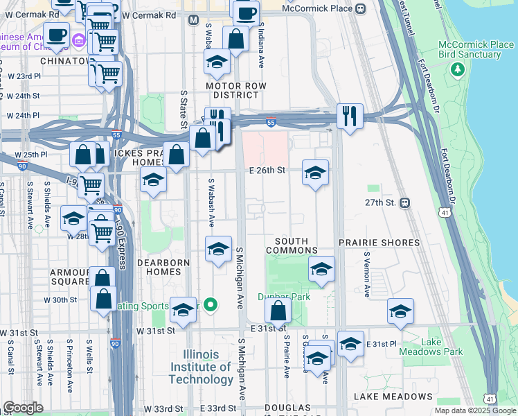 map of restaurants, bars, coffee shops, grocery stores, and more near 2721 South Michigan Avenue in Chicago