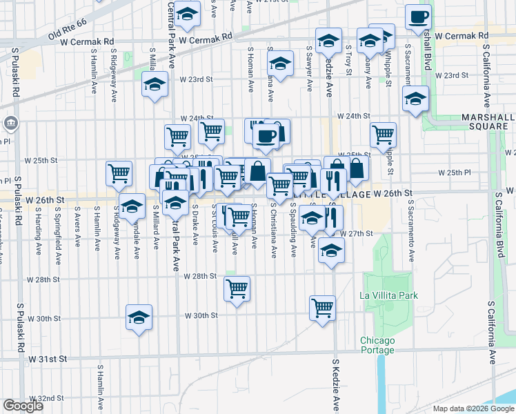 map of restaurants, bars, coffee shops, grocery stores, and more near 2615 South Homan Avenue in Chicago