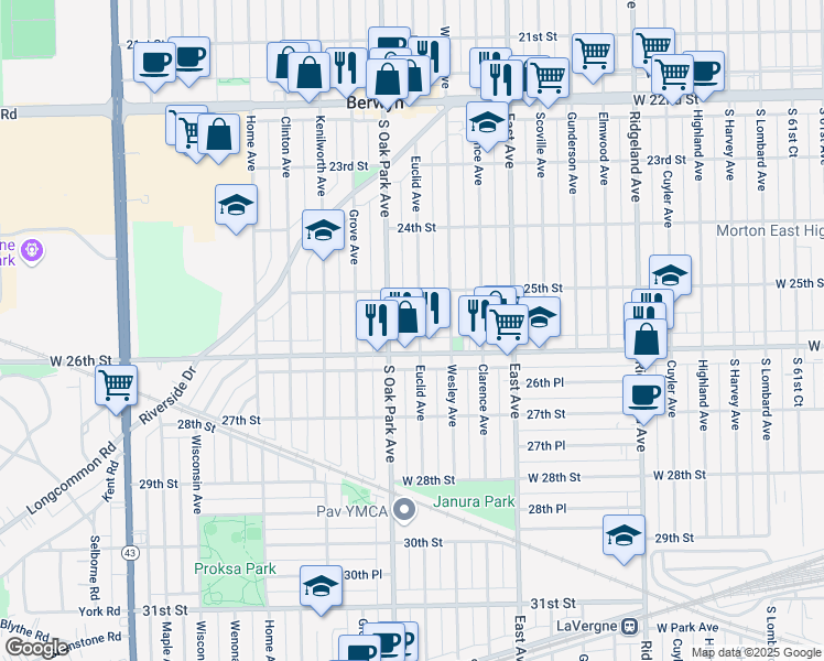 map of restaurants, bars, coffee shops, grocery stores, and more near 2532 Euclid Avenue in Berwyn