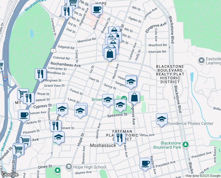 map of restaurants, bars, coffee shops, grocery stores, and more near 49 Savoy Street in Providence
