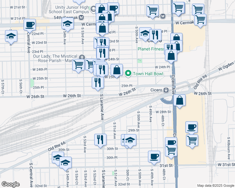 map of restaurants, bars, coffee shops, grocery stores, and more near 5100 West 26th Street in Cicero