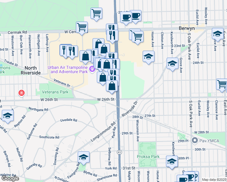 map of restaurants, bars, coffee shops, grocery stores, and more near 2516 South Harlem Avenue in North Riverside