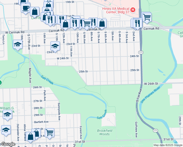 map of restaurants, bars, coffee shops, grocery stores, and more near 2508 South 8th Avenue in North Riverside
