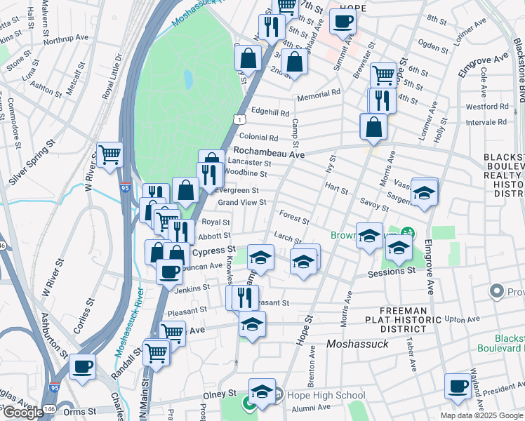 map of restaurants, bars, coffee shops, grocery stores, and more near 27 Peach Avenue in Providence