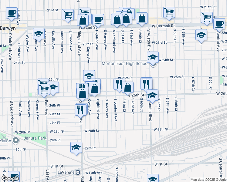 map of restaurants, bars, coffee shops, grocery stores, and more near 2538 Lombard Avenue in Berwyn