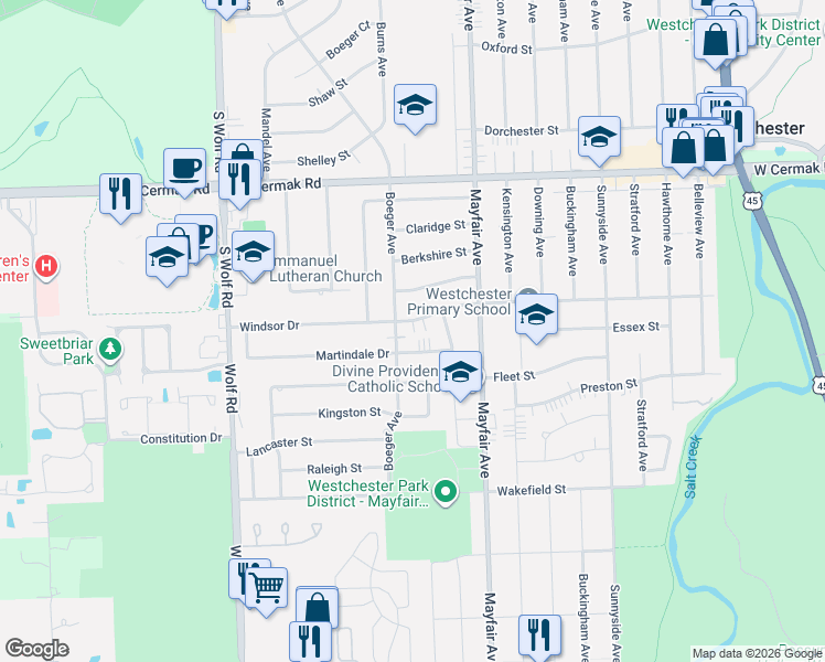 map of restaurants, bars, coffee shops, grocery stores, and more near 10849 Windsor Drive in Westchester