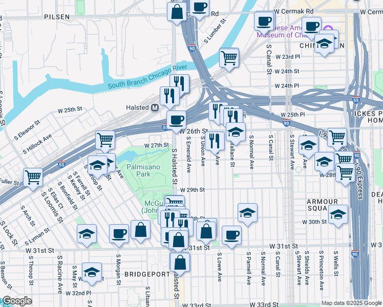 map of restaurants, bars, coffee shops, grocery stores, and more near 2713 South Emerald Avenue in Chicago