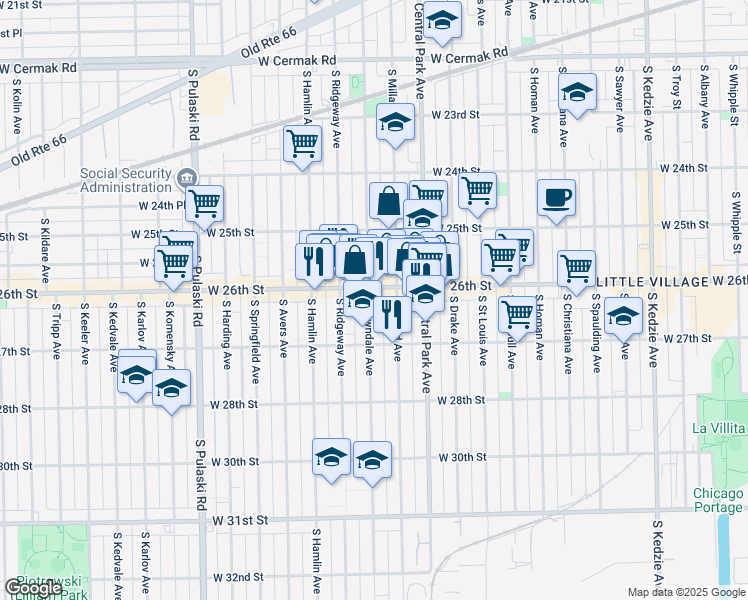 map of restaurants, bars, coffee shops, grocery stores, and more near 2611 South Lawndale Avenue in Chicago