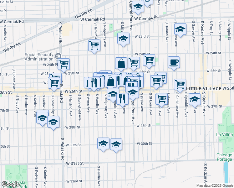 map of restaurants, bars, coffee shops, grocery stores, and more near 2611 South Lawndale Avenue in Chicago