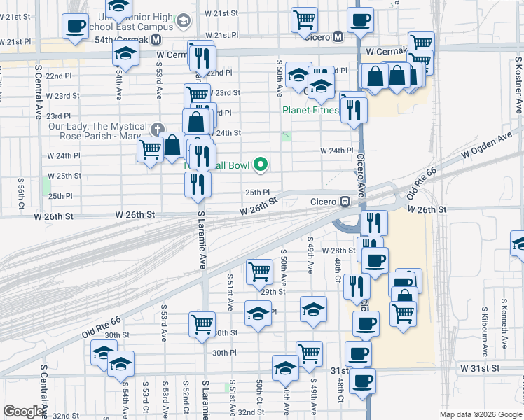 map of restaurants, bars, coffee shops, grocery stores, and more near 5012 West 26th Street in Cicero