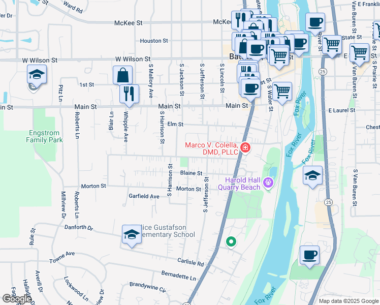 map of restaurants, bars, coffee shops, grocery stores, and more near 603 Walnut St in Batavia