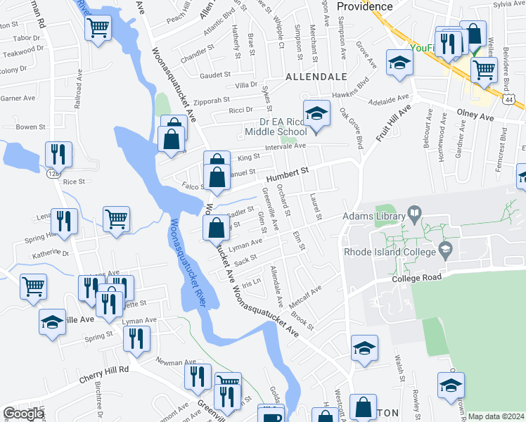map of restaurants, bars, coffee shops, grocery stores, and more near 21 Glen Street in North Providence