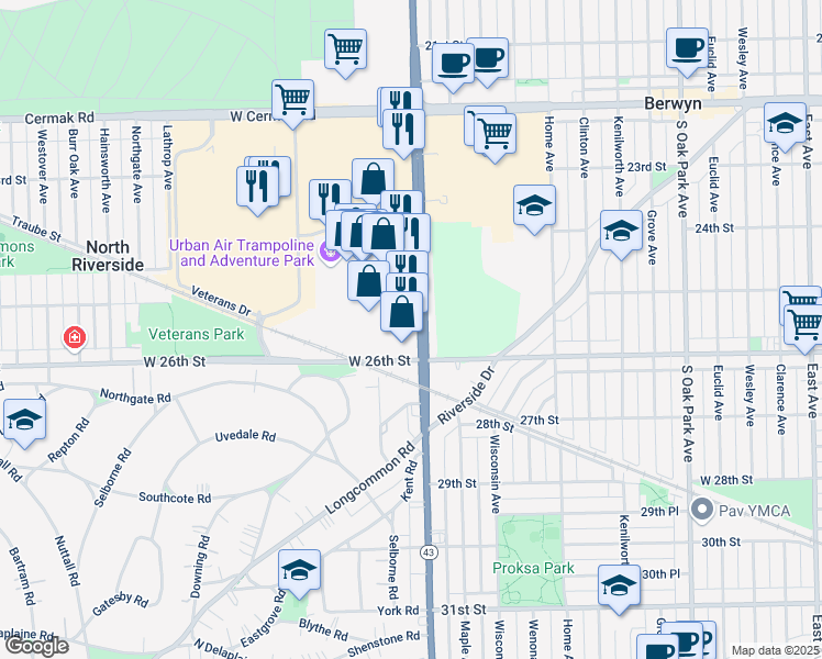 map of restaurants, bars, coffee shops, grocery stores, and more near 2516 South Harlem Avenue in Riverside