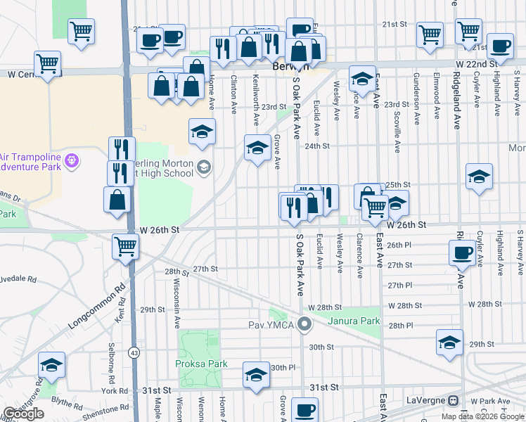 map of restaurants, bars, coffee shops, grocery stores, and more near 2529 Kenilworth Avenue in Berwyn