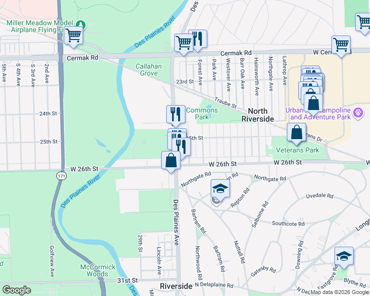 map of restaurants, bars, coffee shops, grocery stores, and more near 2512 Keystone Avenue in North Riverside