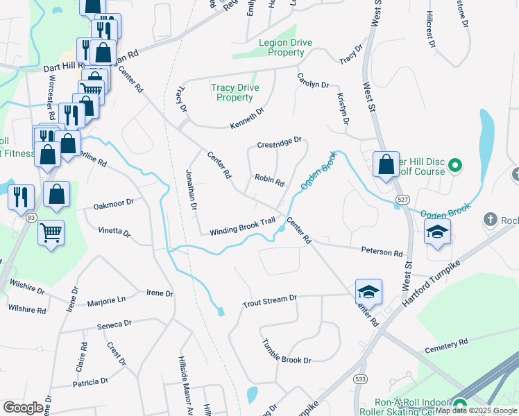 map of restaurants, bars, coffee shops, grocery stores, and more near 145 Center Road in Vernon