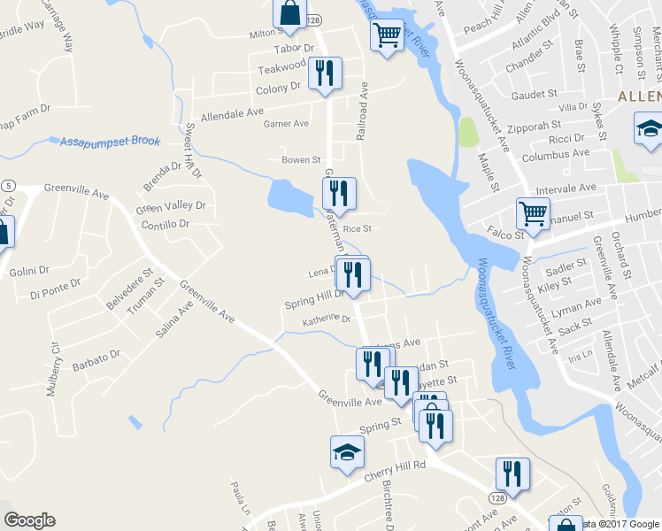 map of restaurants, bars, coffee shops, grocery stores, and more near 3 Lena Drive in Johnston