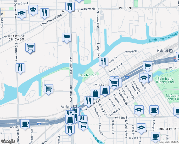 map of restaurants, bars, coffee shops, grocery stores, and more near 2754 South Eleanor Street in Chicago