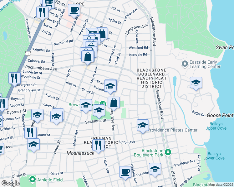 map of restaurants, bars, coffee shops, grocery stores, and more near 82 Sargent Avenue in Providence