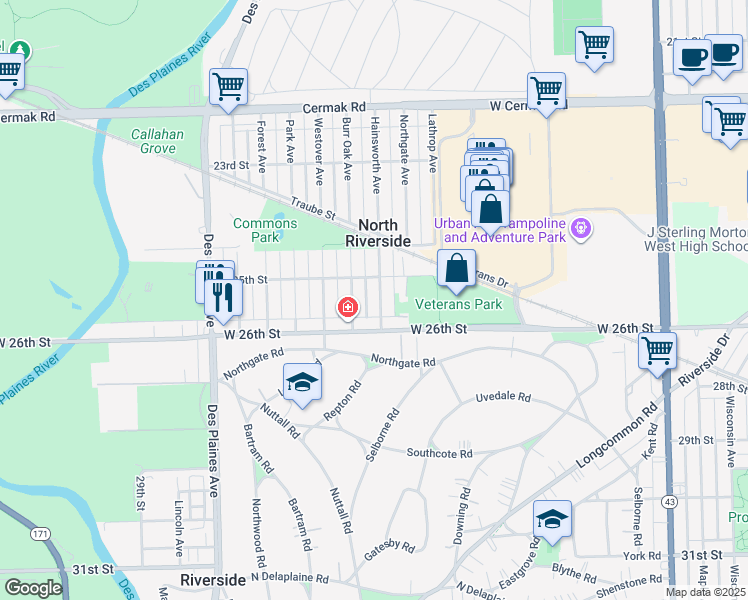 map of restaurants, bars, coffee shops, grocery stores, and more near 2514 Hainsworth Avenue in North Riverside