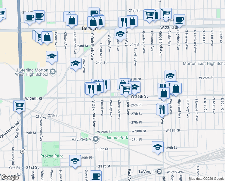 map of restaurants, bars, coffee shops, grocery stores, and more near 2531 Wesley Avenue in Berwyn