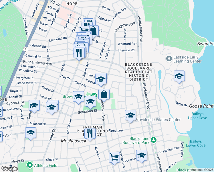 map of restaurants, bars, coffee shops, grocery stores, and more near 82 Sargent Avenue in Providence