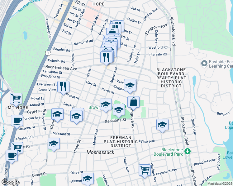 map of restaurants, bars, coffee shops, grocery stores, and more near 49 Savoy Street in Providence