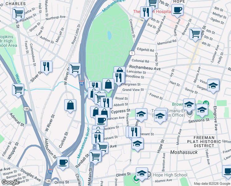 map of restaurants, bars, coffee shops, grocery stores, and more near 22 Grand View Street in Providence