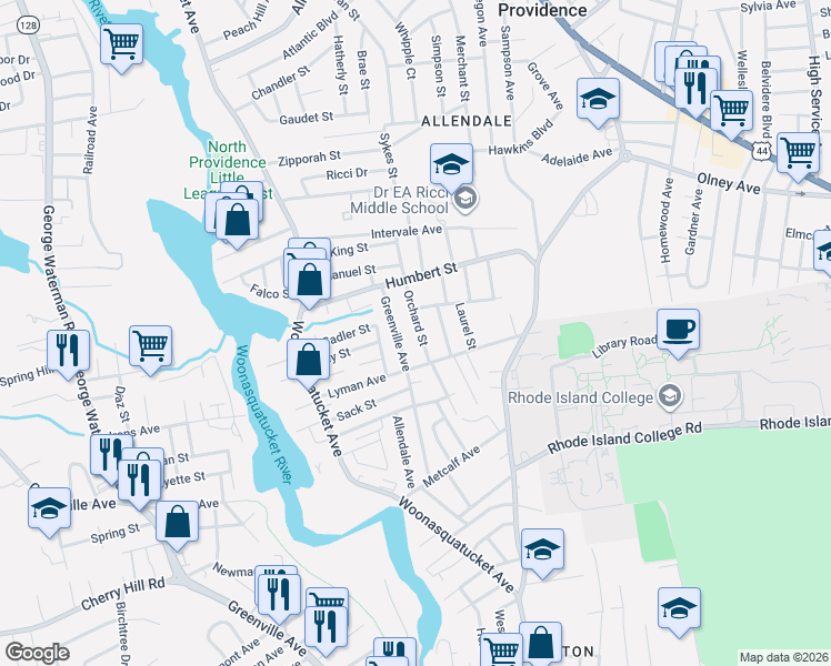 map of restaurants, bars, coffee shops, grocery stores, and more near 24 Penrose Street in North Providence